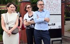 Uczestnicy przed tablicą ze ścieżką historyczną