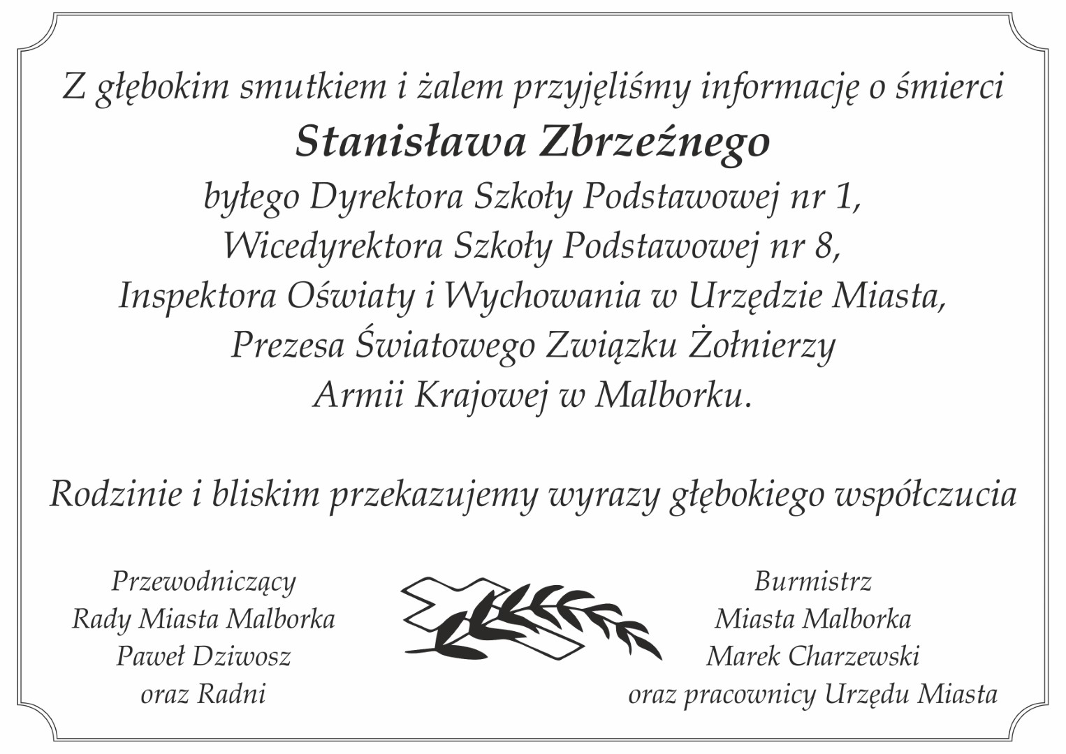 Kondolencje, treść pod grafiką