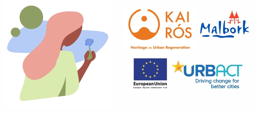 logotyp kairos, urbact i logo Malborka