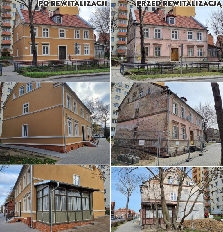 kolaż zdjęć prezentujących budynek po i przed rewitalizacją